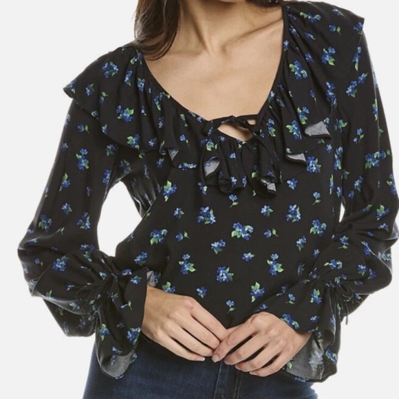 WEWOREWHAT BLACK RUFFLE FLORAL BLOUSE MEDIUM NEW WITH TAGS - Picture 1 of 7